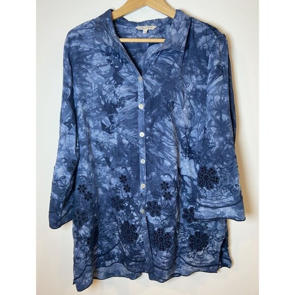 John Mark Shirt Blouse Navy Blue Embroidery Eyelet Wire Collar Size Large L - Picture 1 of 5